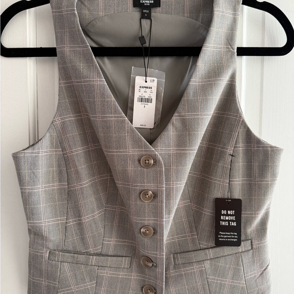 Express Gray Sleeveless Tailored Vest with Plaid Lining